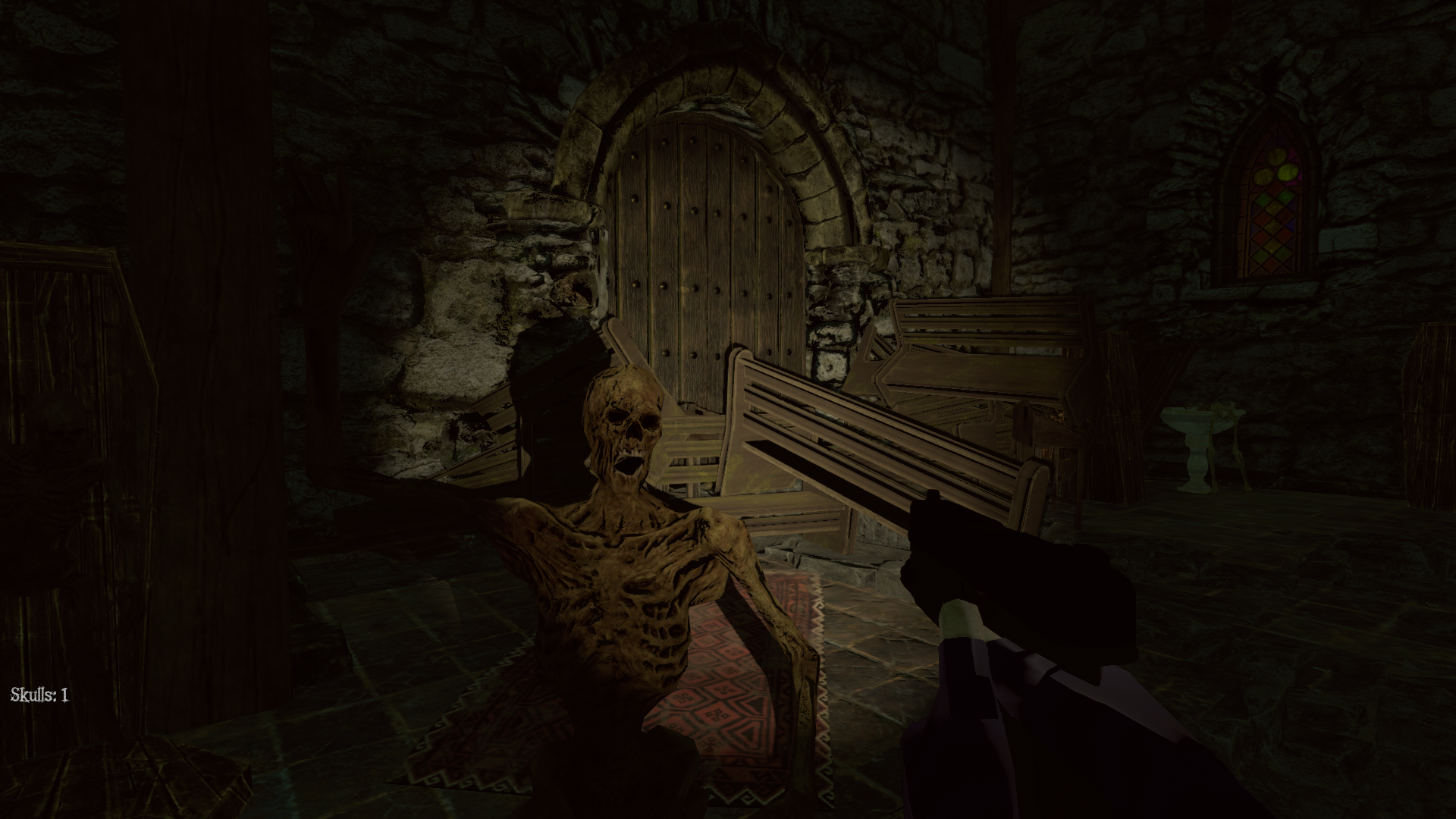 Echoes in the Dark gameplay screenshot showing a skeletal monster inside a ruined church