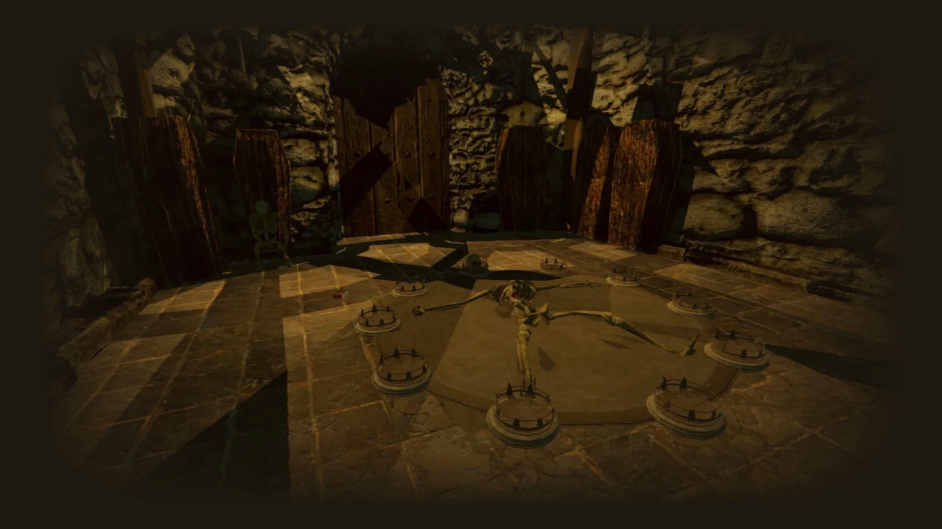 Echoes in the Dark gameplay screenshot showing a skeleton puzzle with pressure plates in a dark crypt