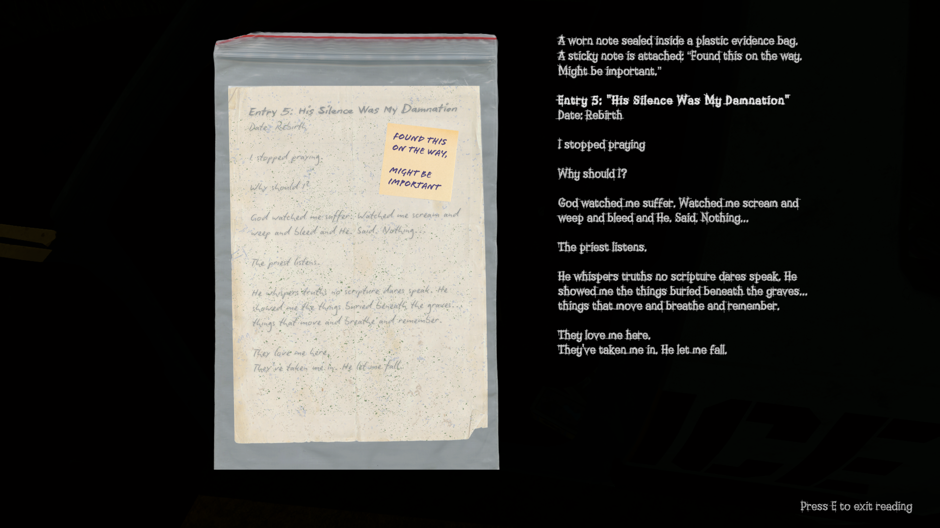 Echoes in the Dark gameplay screenshot showing an in-game note titled “His Silence Was My Damnation”
