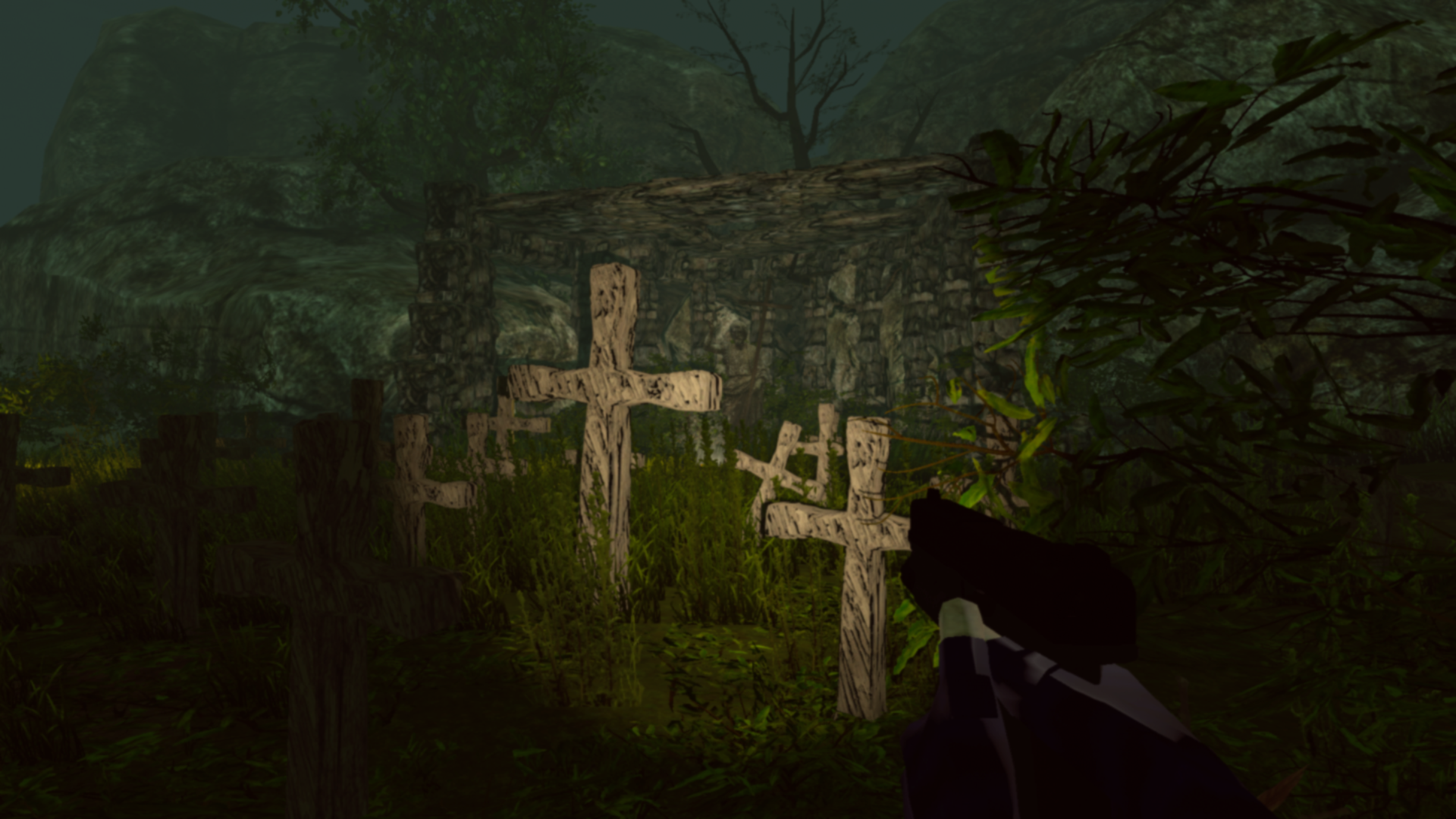 Echoes in the Dark gameplay screenshot showing wooden crosses in a dark overgrown cemetery