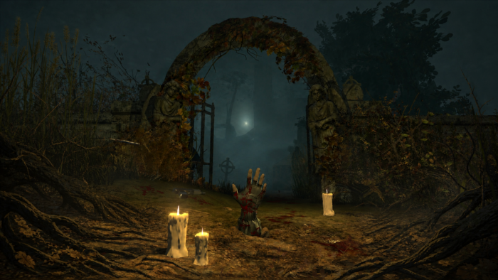 Echoes in the Dark key landscape art, showing a dark cemetery and a hand reaching from the ground