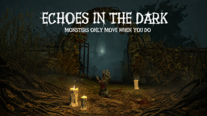 Echoes in the Dark key landscape art with logo, showing a dark cemetery and a hand reaching from the ground