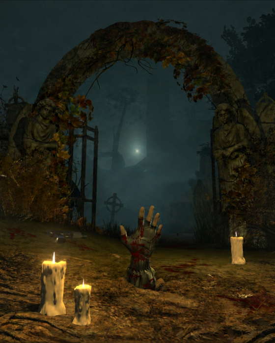 Echoes in the Dark key art showing a dark cemetery and a hand reaching from the ground