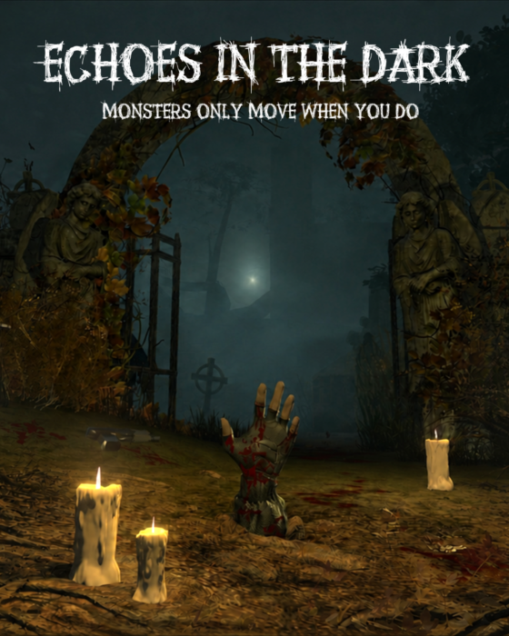 Echoes in the Dark key portrait art with logo, showing a dark cemetery and a hand reaching from the ground